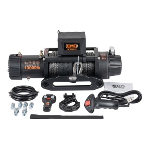 Troliu electric auto EMD Winch 13000lbs (5897kg), 12V, plasmă (cablu) sintetic 26 m x 9.5 mm, telecomandă wireless și cu fir, raport 173:1