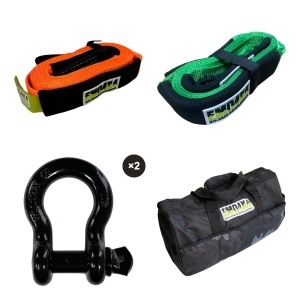 Kit recuperare off-road EMD4x4 Start: chingă tractare 6 m 8t, chingă tractare 3 m 8t, 2 ocheți 6,5t și geantă