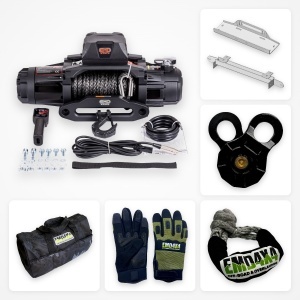 Pachet troliu Premium Dual Speed Ford Ranger (2010-2023): troliu EMD Winch Dual Speed 13000 lbs, suport troliu dedicat și kit accesorii troliu