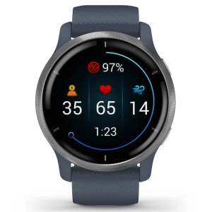 Garmin - Venu 2 smartwatch cu GPS și AMOLED - rama argintie și carcasă albastru-granit cu brățară din silicon