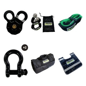 Kit recuperare cu troliu EMD4x4 Pro: scripete troliu 10t, set ocheți sintetici 17t, chingă tractare 3 m, greutate cablu, 2 ocheți 6,5t și geantă