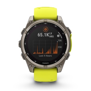 Garmin - fenix 8 Solar Sapphire 47mm - smartwatch premium - ramă argintie din titanium si curea din silicon galben fluo - Img 2