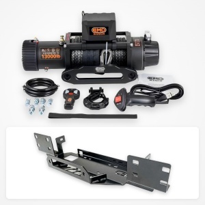 Pachet troliu Jeep Wrangler JL (2018-2024): troliu electric EMD Winch 13000 lbs cablu sintetic și suport troliu dedicat