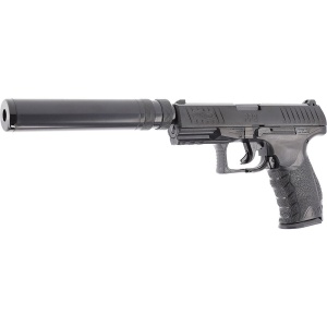 Pistol airsoft cu actionare manuala Walther PPQ Navy Kit, bile plastic, BB 6 mm, 0.5 jouli, incarcator HiCap, supresor, negru