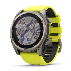 Garmin - fenix 8x Solar Sapphire 51mm - smartwatch premium - ramă argintie din titanium si curea din silicon galben fluo - Img 5
