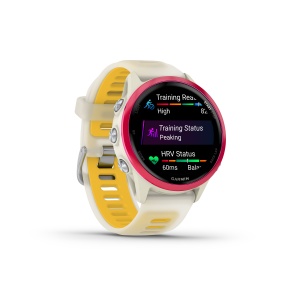 Garmin Forerunner 570 - 42 mm - ceas multisport cu GPS si AMOLED - alb mango roz Raspberry Aluminium with Translucent Bone | Mango Band - Img 6