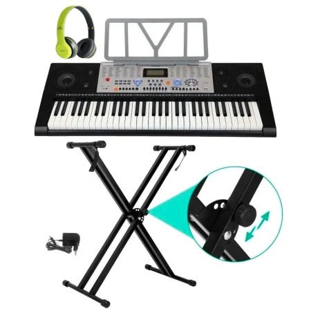 Orga electronica incepatori 853 + Stativ dublu X + Casti bluetooth, 5 octave 61 clape, USB