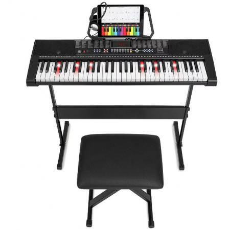 Orga electronica MK-2108 + Stativ reglabil + Scaun pian, 61 Clape ghidate LED, taste luminoase 5 octave, 255 Timbre, USB
