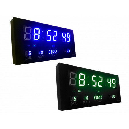 Ceas digital LED 36x15cm Albastru / Verde, Calendar, Temperatura, Secundar