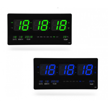Ceas digital LED 46x22cm Verde / Albastru, Calendar, Temperatura, Secundar