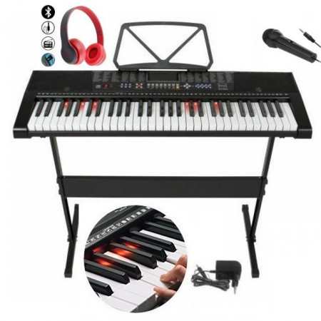 Orga electronica MK-2108 61 clape luminoase LED + Stativ + Microfon + Casti Bluetooth, USB, 255 Ritmuri