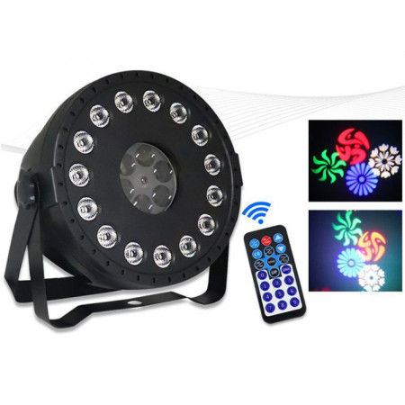 PAR-LED cu telecomanda 15 x 3W RGB + 6 becuri pe disc rotativ tip proiector forme