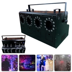 Masina efecte club 4 guri 3 in 1 fum usor + suflat baloane sapun + Lumini DMX LED RGB, Aparat evenimente 1800W - Img 1