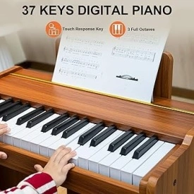 Mini pian electronic digital din lemn, 37 clape pentru copii 3-7 ani, Scaunel, 3 octave - Img 2