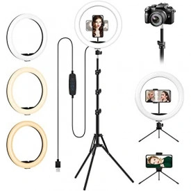 Lampa LED Circulara 10 inch, Lumina 3 trepte, Inaltime 190 cm, Suport telefon