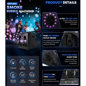 Masina dubla evenimente 3 in 1 fum usor + suflat baloane sapun + Lumini DMX LED RGB, Aparat efecte club 900W - Img 5