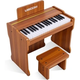 Mini pian electronic digital din lemn, 37 clape pentru copii 3-7 ani, Scaunel, 3 octave