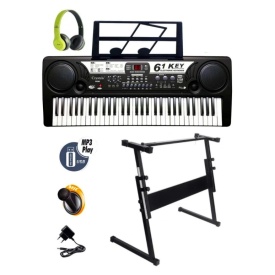Orga electronica copii 5 octave + Suport reglabil + Microfon + Casti, 61 clape, USB, MQ-809