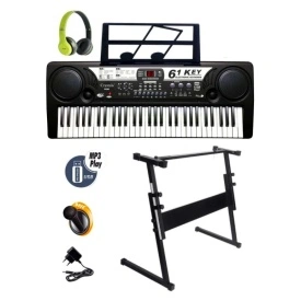 Orga electronica copii 5 octave + Suport reglabil + Microfon + Casti, 61 clape, USB, MQ-809