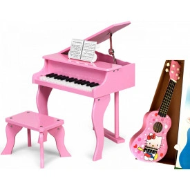 Pachet: Ukulele chitara 4 corzi + Mini pian pentru copii 30 de clape tip xilofon, MDF