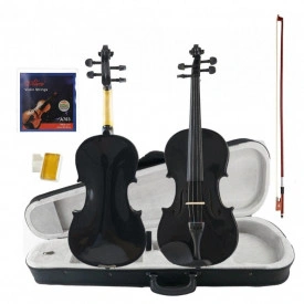 Vioara acustica neagra 4/4 incepator + 4 corzi metalice rezerva + Arcus + Toc + Sacaz