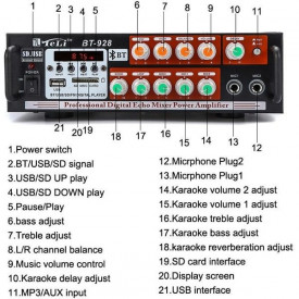Amplificator audio bluetooth 40W BT-928, USB, 2 canale, FM radio, SD card, telecomanda - Img 5