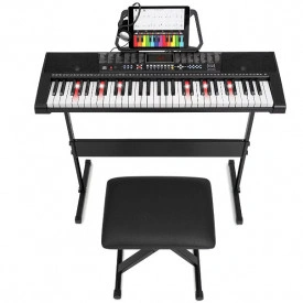Orga electronica MK-2108 + Stativ reglabil + Scaun pian, 61 Clape ghidate LED, taste luminoase 5 octave, 255 Timbre, USB