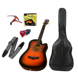 Set Chitara acustica exersat incepatori 4/4 38" Adolescent + Husa + Curea umar + 6X corzi metal + 4X Pana + Capodastru - Img 1
