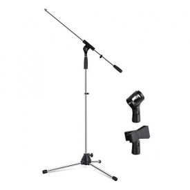 Stativ trepied microfon (x2), Trepied pliabil, reglabil 50 - 190 CM, Suport podea cromat, - Img 1