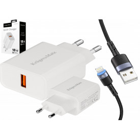 Incarcator priza 220V 18W Kruger&Matz Quick Charger + Cablu cu LED Tellur, Textil Coat (Lightning, USB-C, MicroUSB) - Img 1