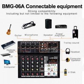 Mixer neamplificat 6 canale, USB Bluetooth, 48V Phantom Power, 24 efecte - Img 3
