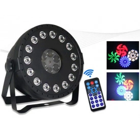 PAR-LED cu telecomanda 15 x 3W RGB + 6 becuri pe disc rotativ tip proiector forme