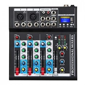Consola DJ F4-Mb Mixer audio profesional pasiv, Neamplificat, Bluetooth, 4 canale, 2 mufe XLR, USB