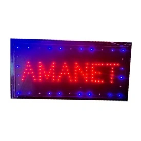 Semn luminos cu mesaj: AMANET, Firma reclama luminoasa pentru vitrina geam