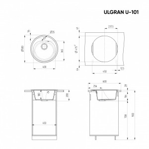 crtež za ugradnju Ulgran U101 okrugli granitni sudoper u bijeloj boji, otporan na mrlje i ogrebotine.