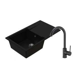 Set: granitni sudoper Valterra Luna sa ocjedom crni mat + lučna slavina Adell crna