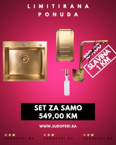Limitirana ponuda! Čelični sudoper boja zlata, dozer, sifon, kolander i slavina