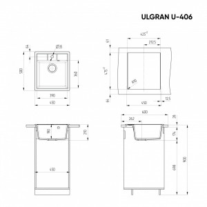 crtež za Sivi granitni sudoper Ulgran U406, dimenzija 45x50cm, uz uključen kompletan sifon.