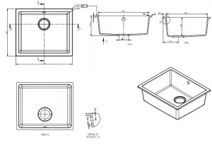 Dimenzije za ugradnju Podgradni granitni sudoper Sandonna Joanna, ultra crna boja, dimenzije 550x460mm.