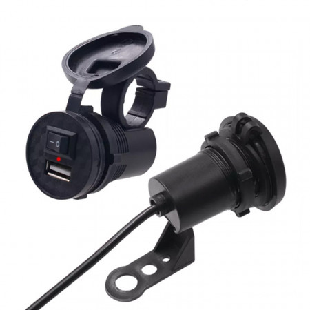 Mini alimentator moto 12V-5V cu priza USB 1,5A si buton on-off, prindere ghidon/oglinda