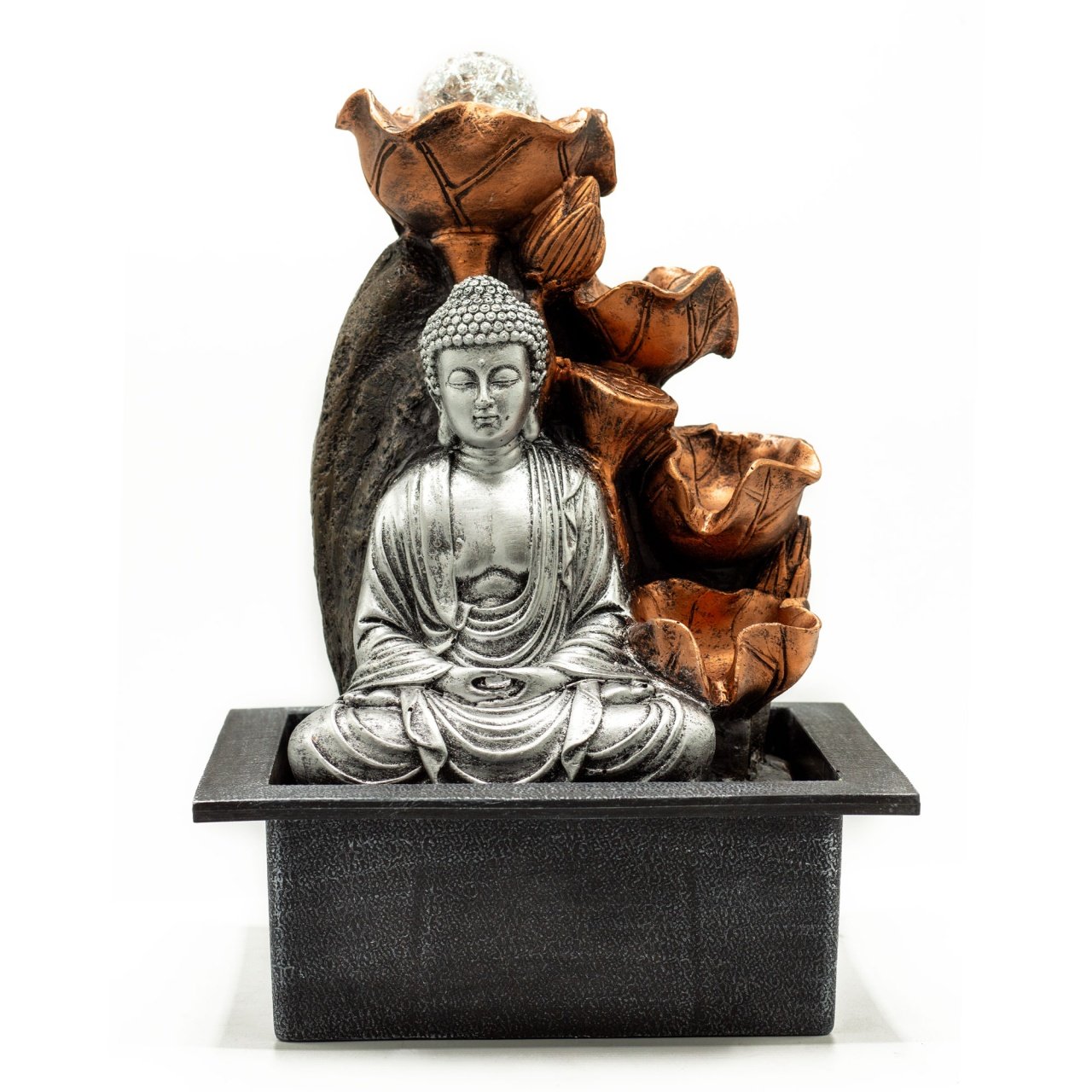 Fantana arteziana pentru interior - 35cm - Cascada Buddha Argintiu si Glob de Cristal