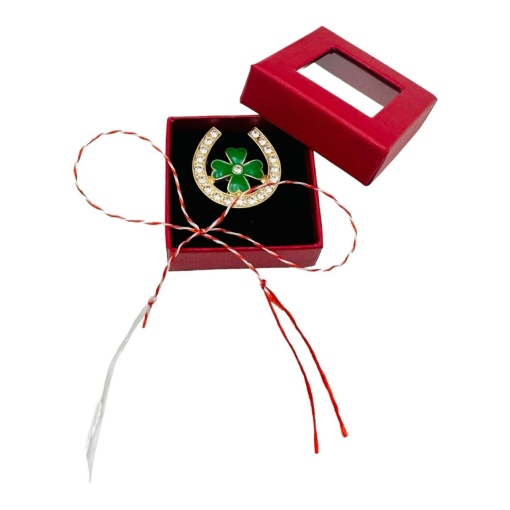 Brosa Feng Shui Potcoava si Trifoi in cutie - Mica - Prosperitate si noroc