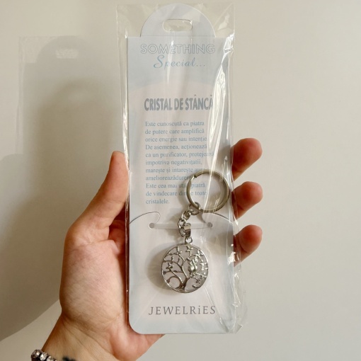 Breloc chei cu Cuart Transparent si simbolul Copacul Vietii – Protectie si sprijin