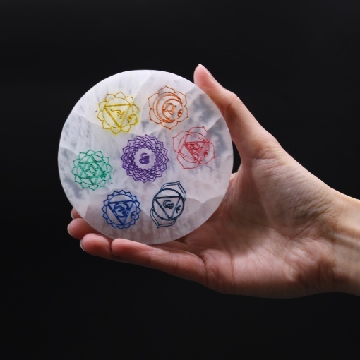 Platou din cristal de Selenit Mediu 10 cm - Chakra - Colorat