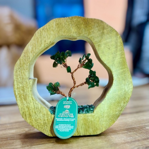Arbore cu Pietre Semipretioase - Suport Rotund din Lemn de Mango - Aventurin Verde - Prosperitate - 60 Cristale