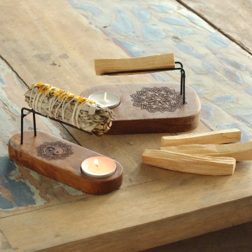 Suport Mic pentru Palo Santo - Lemn de Tec - Design Mandala