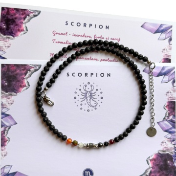 Colier cu 7 cristale naturale si roca vulcanica pentru zodia Scorpion