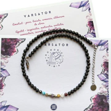Colier cu 7 cristale naturale si roca vulcanica pentru zodia Varsator