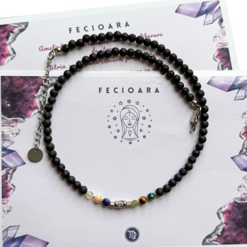 Colier cu 7 cristale naturale si roca vulcanica pentru zodia Fecioara