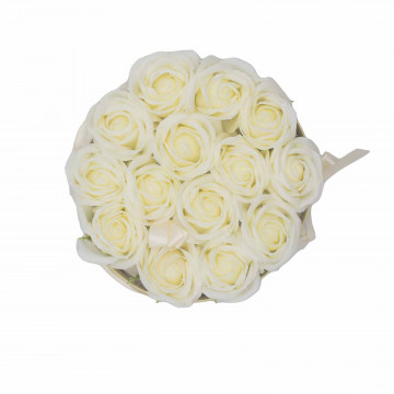 Buchet Flori de Săpun în Cutie Cadou - 14 Trandafiri Crem - Rotund - Img 3
